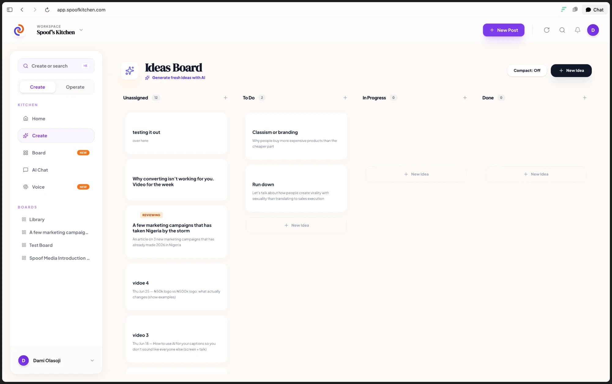 Spoof Kitchen Ideas Board — kanban view of post ideas grouped by status.