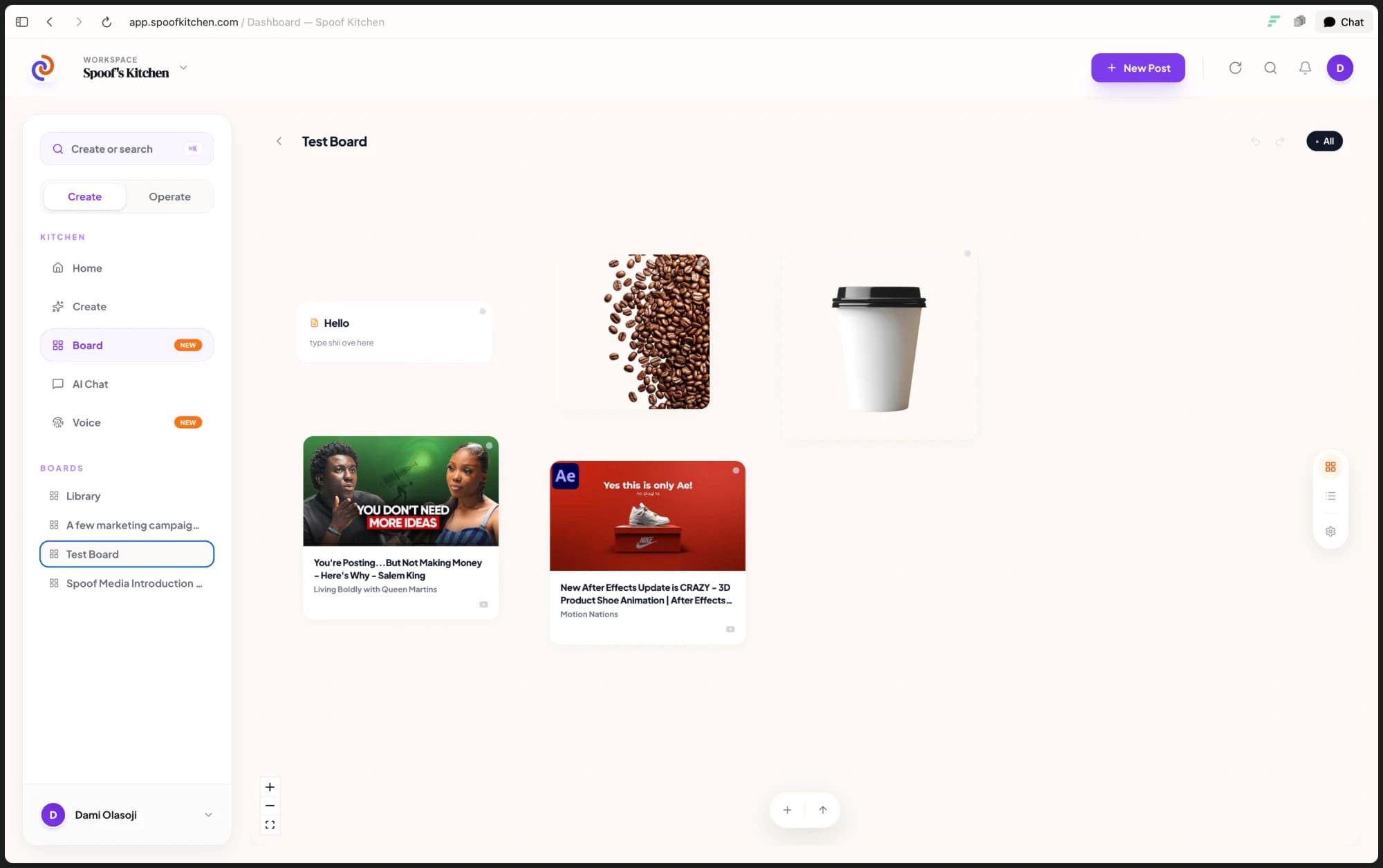 Board canvas with the script, caption and visuals a client reviews before approving.